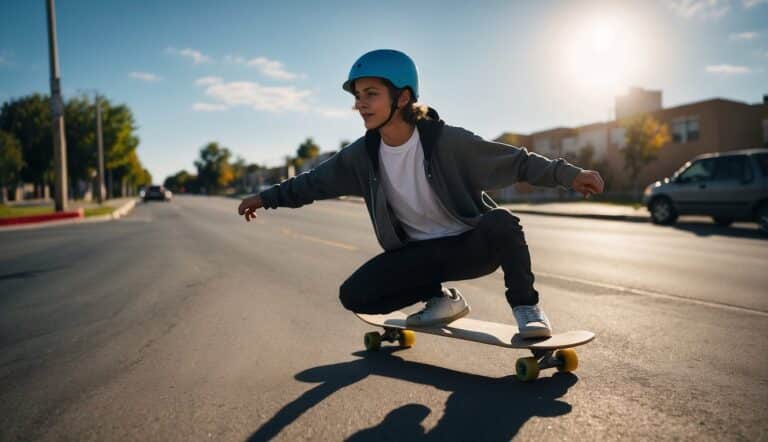 A beginner skateboarder rides down a smooth, empty street, with a clear blue sky and a few scattered clouds in the background