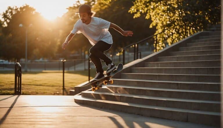 A skateboarder performs a kickflip over a set of stairs in a city park. The sun is setting, casting long shadows across the concrete