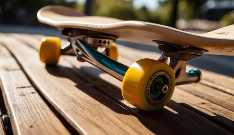 A skateboard resting on a wooden bench, with tools and cleaning supplies nearby. The sun shines down, casting shadows on the vibrant skateboard design