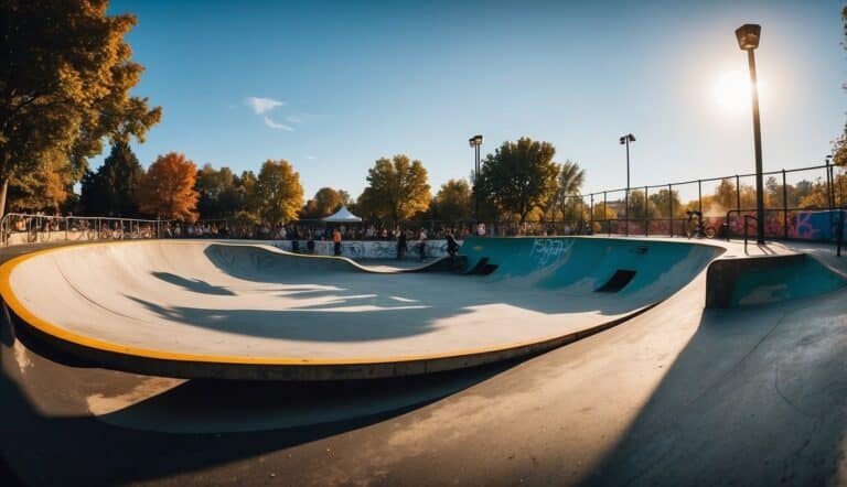 Skatepark with ramps, rails, and halfpipes. Colorful graffiti covers the concrete walls. Skaters perform tricks while spectators watch