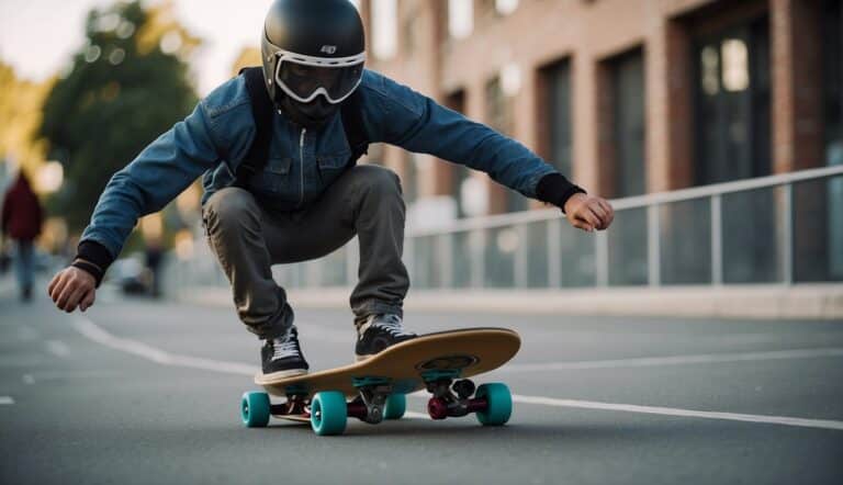 A skateboarder avoiding obstacles and wearing protective gear to prevent injuries