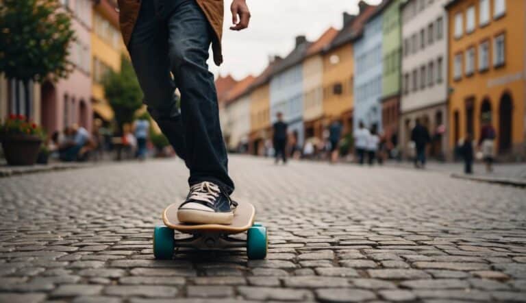 A skateboarder zooms down a cobblestone street in a quaint German town, passing by colorful buildings and bustling cafes