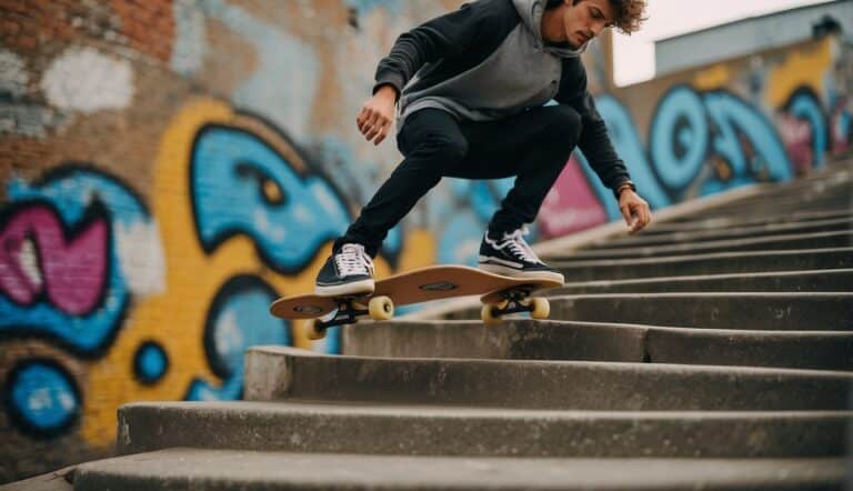 A skateboarder performs a kickflip over a set of stairs, with a graffiti-covered wall in the background