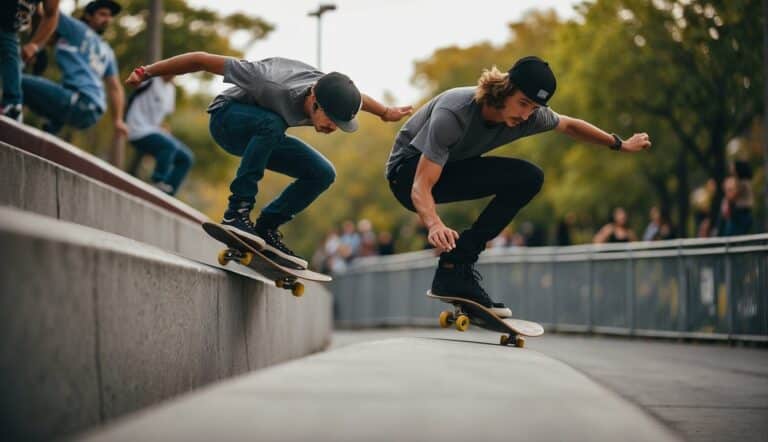 Skateboarder grinds on street rail, while another launches off vert ramp