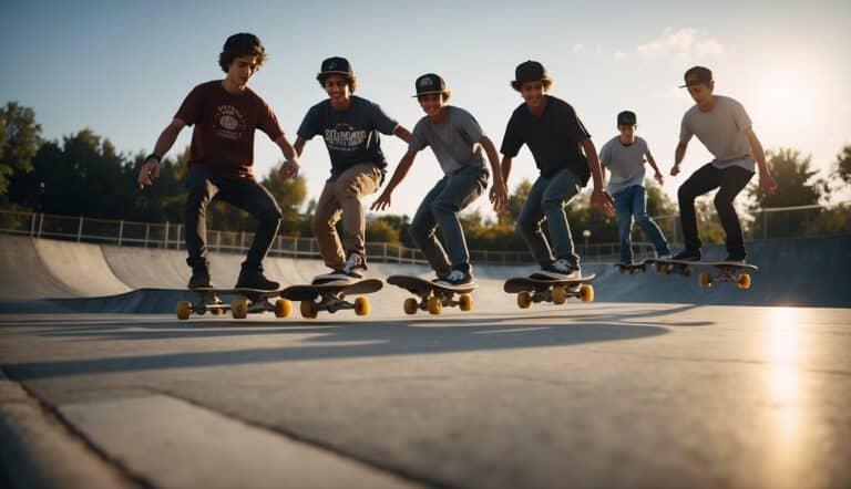 A group of teenagers skateboarding in a urban skate park, performing tricks and jumps on ramps and rails