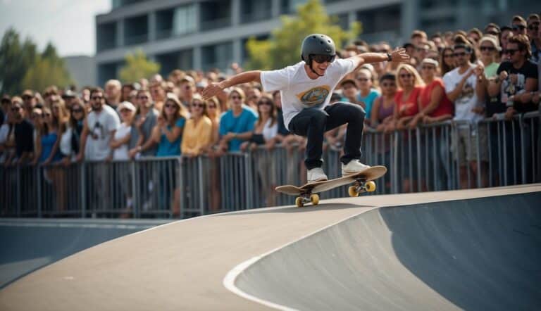 Skateboarding competition with ramps, rails, and cheering crowd